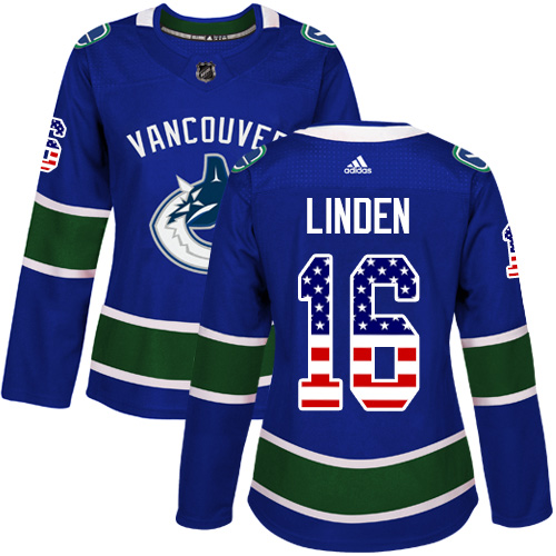Adidas Canucks #16 Trevor Linden Blue Home Authentic USA Flag Women's Stitched NHL Jersey